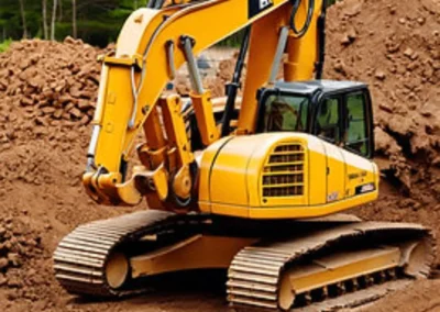 A yellow excavator on a construction site with piles of dirt and trees in the background.